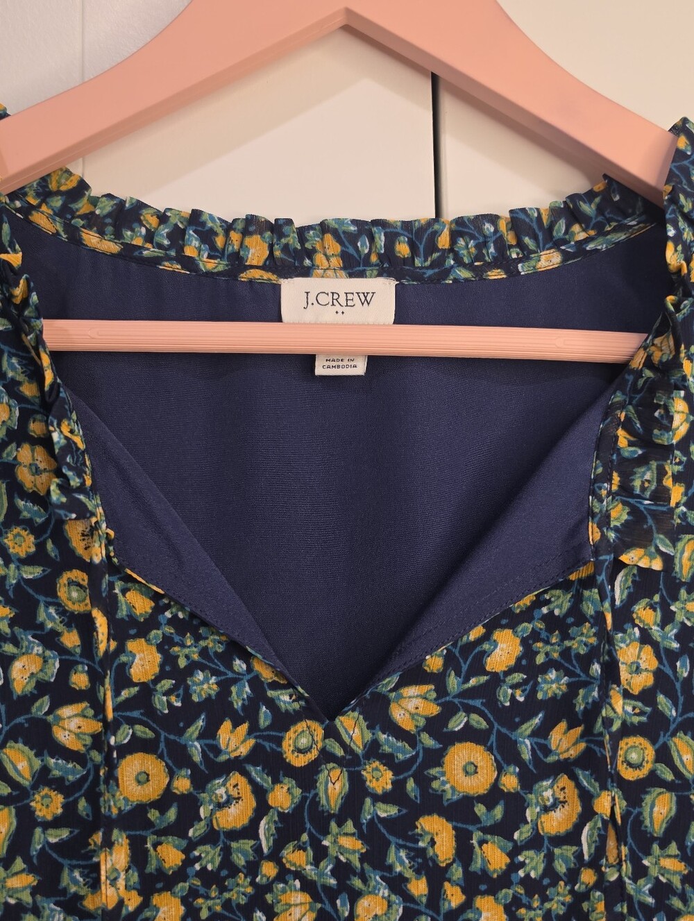 J.Crew Floral Short-Sleeve Ruffle Tie-Neck Blouse Navy Blue Size XXL - Picture 4 of 8